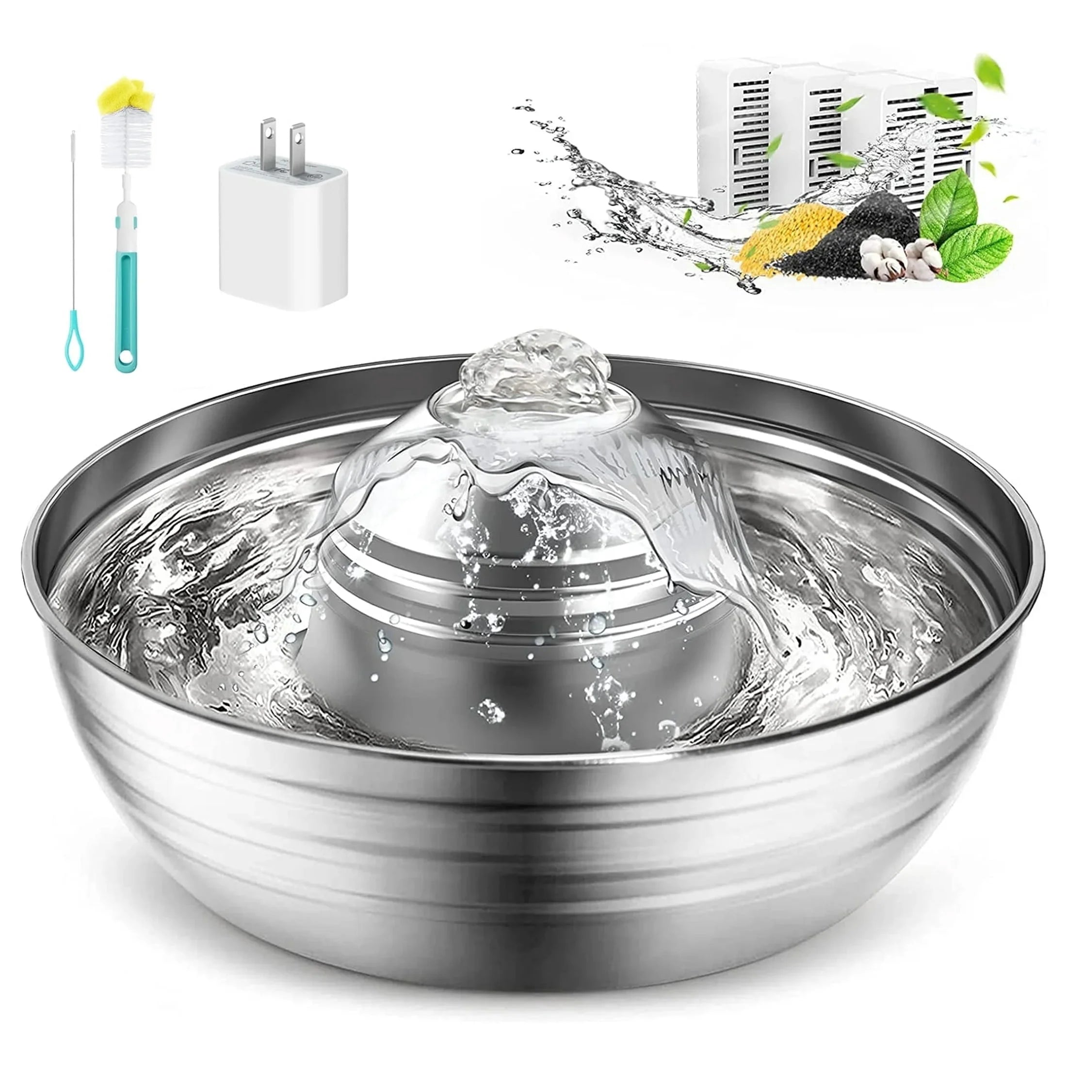 CW03 Cat Water Fountain 304 Stainless Steel, 2L/68Oz Quiet Cat Fountain for Cats Drinking, Dual Filtration Cat Water Bowl for Kittens, Silver