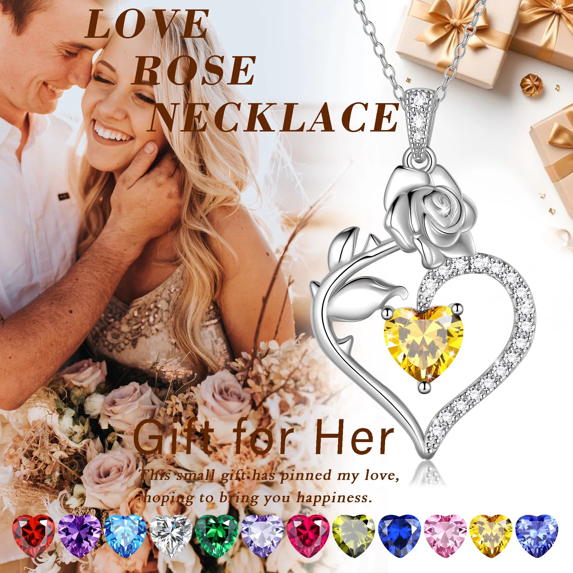 925 Sterling Silver Birthstone Necklace Rose Flower Heart Pendant Jewelry Christmas Valentines Mother'S Day Gifts for Women Mom Wife/Lover