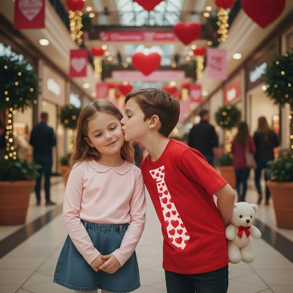 Red Hearts Tie for Valentine'S Day Love Youth Kids T-Shirt